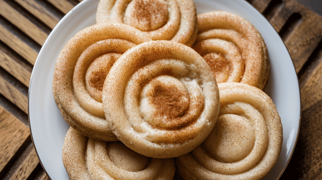 A plate of snickerdoodle Christmas cookies. The cookies are soft and fluffy, with a golden-brown hue. They have a sugar coating on the outside, which gives them a crackled appearance. The cookies are placed on a white plate and are slightly overlapping. There's a sprinkle of cinnamon on top of the sugar coating. The background is a wooden board with grooves.