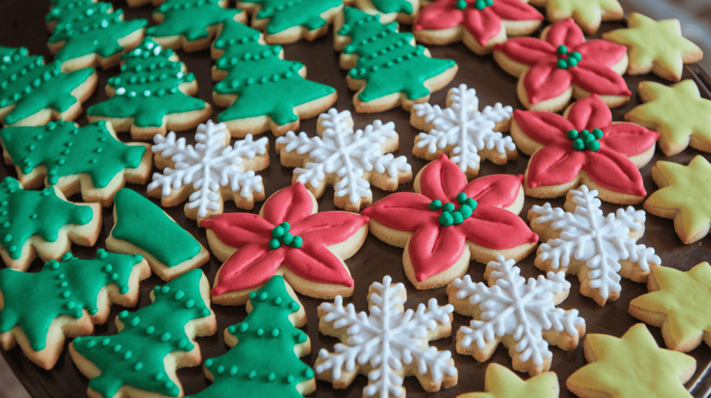 A table with various Christmas spritz cookies. There are green trees, red poinsettias, white snowflakes, and yellow stars. The cookies are arranged in a circular pattern.