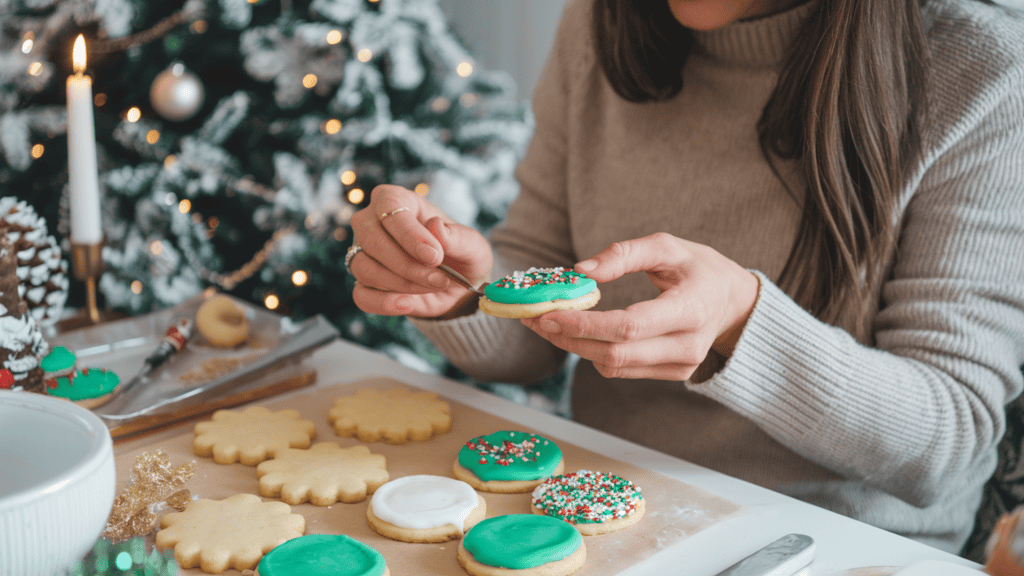A woman decorating Christmas cookies. She is sitting at a table and has a variety of cookie dough, icing, and sprinkles in front of her. She is holding a cookie in her hand and is in the process of decorating it with green icing and sprinkles. The background contains a Christmas tree, ornaments, and a candle.