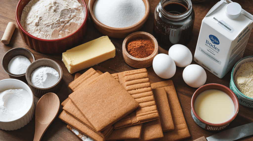 A variety of ingredients for a gingerbread house recipe. There are raw gingerbread pieces, and a jar of molasses. There are also containers of flour, sugar, baking powder, and cocoa powder. There's a stick of butter, eggs, and a carton of milk. A wooden spoon and a knife are also present.