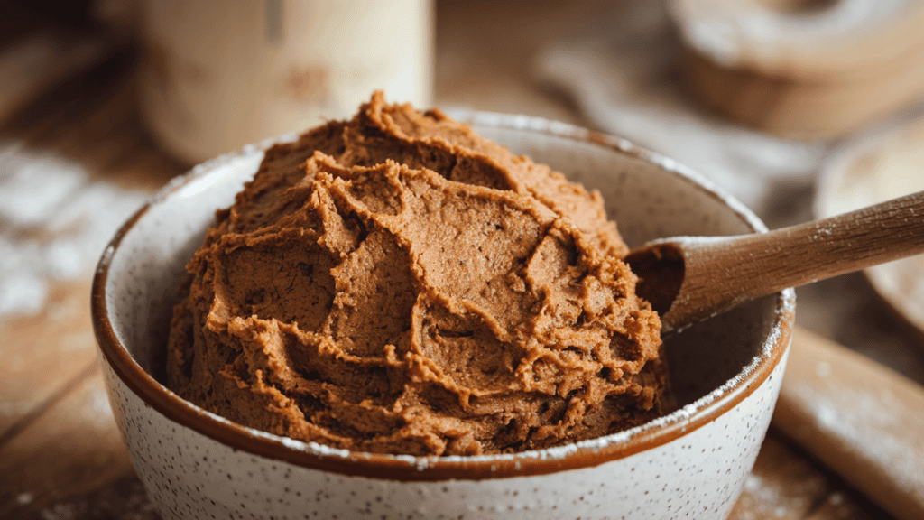 A bowl of gingerbread dough. The dough is a dark brown color with bits of spice visible. There are traces of flour on the wooden spoon. The bowl is placed on a wooden surface. The background is blurred and contains baking tools and ingredients.