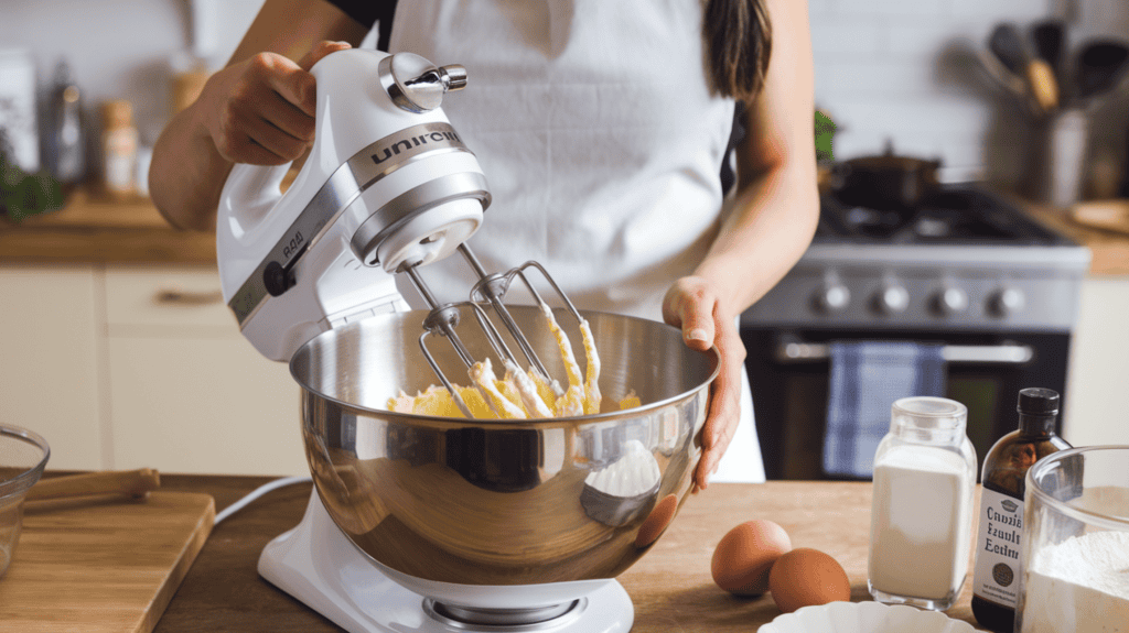 A woman creaming butter and sugar in a mixing bowl with an electric mixer. The bowl is placed on a wooden surface. The woman is wearing a white apron and has her hair tied back. There are ingredients such as eggs, vanilla extract, and flour next to the bowl. The background is a kitchen with cabinets, a stove, and other cooking utensils.