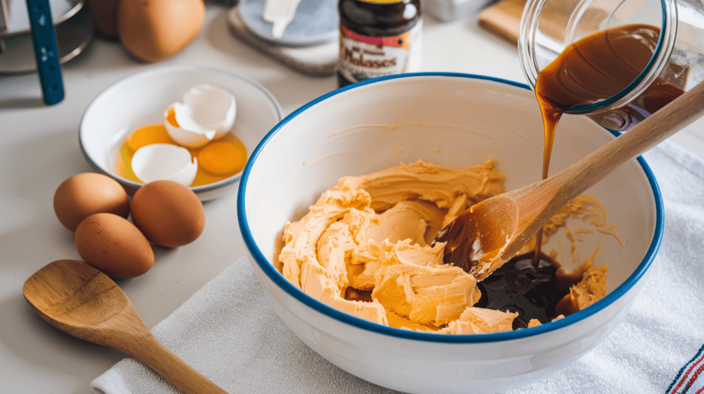 A kitchen counter with a bowl of creamed butter and sugar. A wooden spoon is stirring the mixture. Wet ingredients, eggs and molasses, are being added to the bowl. The eggs are cracked into a bowl and the molasses is being poured into the mixture. The bowls and the wooden spoon are placed on a white towel. The background contains a few kitchen tools and a jar of molasses.