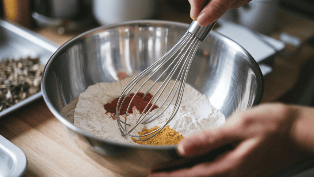 Someone whisking together flour, spices, baking soda, and salt in a bowl. The bowl is sitting on a wooden surface. There are dried herbs visible on a nearby tray. The background is blurred and contains various kitchen items.
