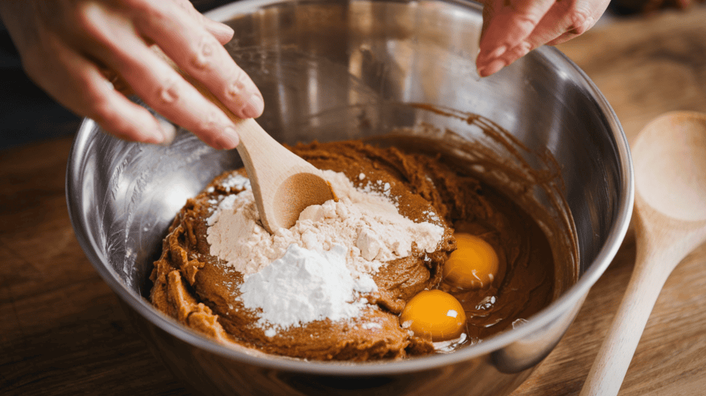 A woman's hands stirring a bowl of wet ingredients. She is gradually adding dry ingredients, including flour, baking soda, and ginger. The wet ingredients include butter, sugar, molasses, and an egg. The bowl contains gingerbread dough, which is a thick, brown batter. There is a wooden spoon near the bowl. The background is a wooden surface.