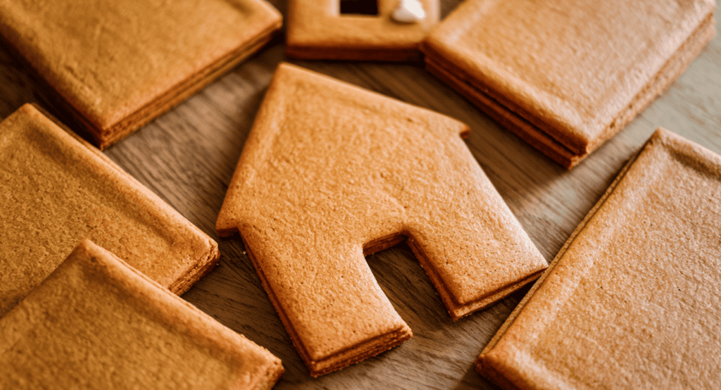 A table with plain, freshly baked gingerbread house pieces. There are walls, a roof, and a door. The gingerbread is a warm orange-brown color, and the pieces are flat, ready to be assembled into a house. There is a small amount of icing on one of the walls. The background is a wooden surface.