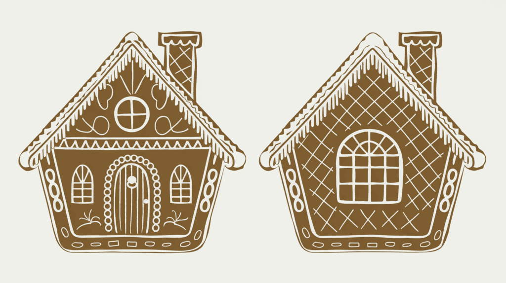 A front and back illustration of a gingerbread house template. The front wall has a door with a knocker and a window. The back wall has a chimney. The roof is made of gingerbread and has a pattern of icing. The walls are made of gingerbread and have a pattern of icing.