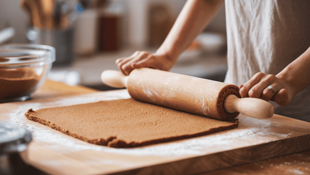 A woman rolling out gingerbread dough with a rolling pin on a wooden surface. The dough is shaped into a square. The wooden surface has flour on it. There is a bowl of gingerbread dough and a rolling pin nearby. The background is blurred, showing a kitchen with various baking tools.