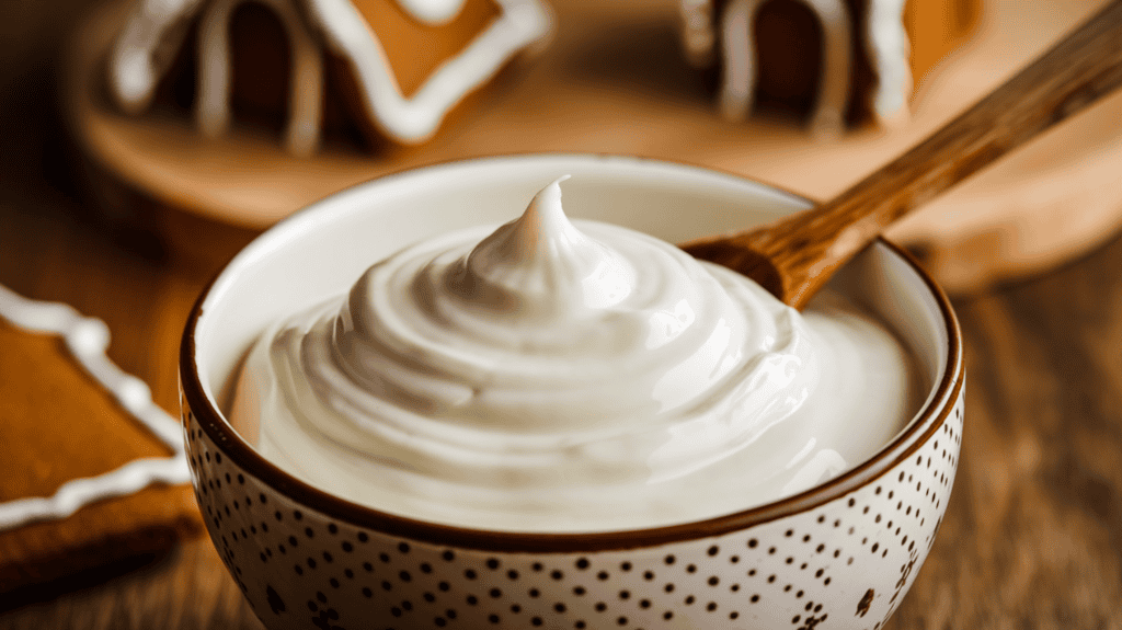 A white bowl filled with royal icing. The icing has a smooth and glossy texture. There's a wooden spoon in the bowl. The background is a wooden surface with a few gingerbread houses. The overall image has a warm lighting.