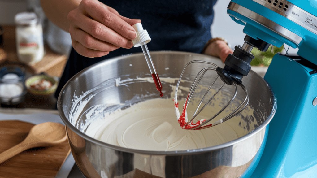 Someone adding food coloring to royal icing. The person is holding a dropper filled with red food coloring and is adding it to the white royal icing in a bowl. The royal icing is in a bowl with a mixer. There's a wooden spoon beside the bowl. The background is a counter with various ingredients.