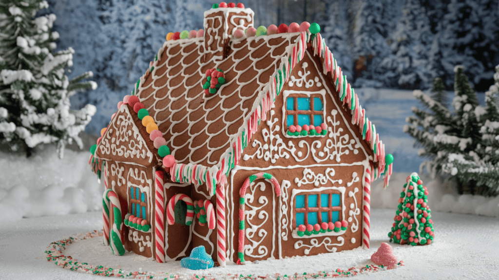 A beautifully decorated gingerbread house. The house has a steeply pitched roof and is painted with intricate patterns and designs. There are candy canes, gumdrops, and other sweets decorating the house. The house is surrounded by a path of crushed candy canes. The background is a snowy landscape with trees.