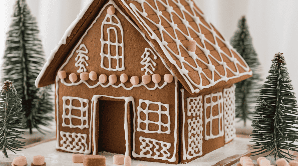 A gingerbread house in a minimalist Nordic style. The house has white-on-white piping details and simple geometric patterns. There are matte finish candies on the house. The house has clean lines and sparse decoration. Natural elements like rosemary "trees" are placed around the house.