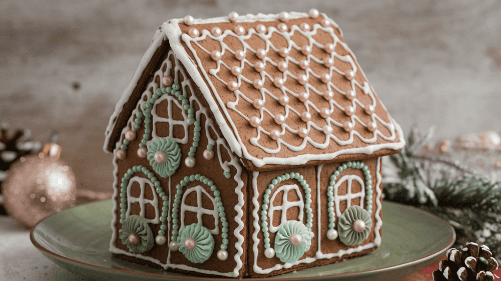 A vintage Christmas-style gingerbread house with dusty rose and sage green decorations. The house has intricate piping details and isomalt windows. The roof is made of gingerbread and has a few cracks. There are pearl dragées and metallic dragées on the house for accents. The house is placed on a green plate. The background is a wooden surface with a few seasonal ornaments.
