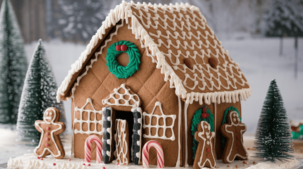 A gingerbread house with a Modern Farmhouse Style look. The gingerbread house has a black and white color scheme, with buffalo check patterns in icing. There are natural candy elements, such as gingerbread men and candy canes. The gingerbread house has simple wreaths and textured roof techniques. The background is a snowy landscape.