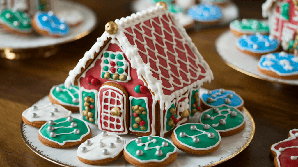 A beautifully decorated gingerbread house with a traditional holiday look. The house has a red and white exterior with gold accents. There are green and white gingerbread cookies with silver touches placed around the house. The house has a winter wonderland theme with blue and white gingerbread cookies. The gingerbread house is placed on a white plate. The background is a wooden table. The overall image has a warm, inviting ambiance.