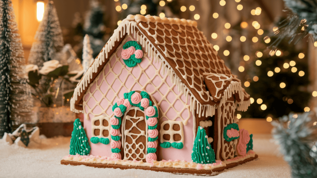 A beautifully decorated gingerbread house with a modern color palette. The house has a blush pink and cream color scheme, with intricate details such as pink roses, green leaves, and cream icing. The house is placed on a snowy ground. The background contains Christmas trees and warm lighting.