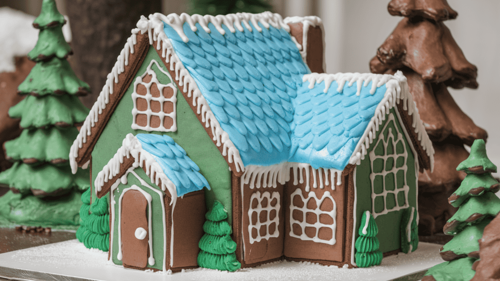 A nature-inspired gingerbread house with a forest green and brown exterior. The house has white and silver details for a snowy effect. There are earth tones with metallic accents. The roof is made of blue ombré icing to give it an ice palace look. The house is placed on a white base. There are forest green and brown decorative elements around the house.