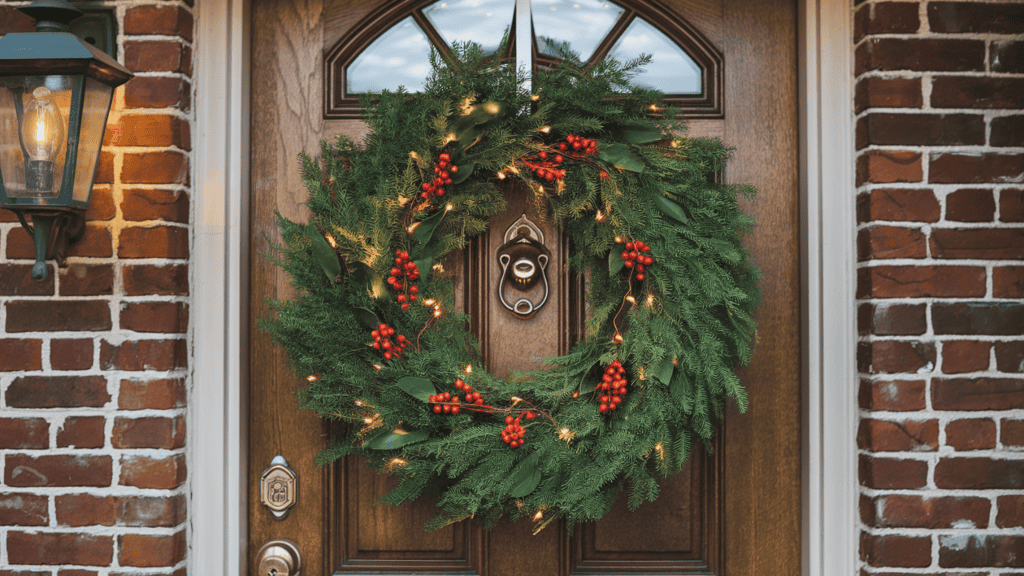 One of many Christmas door decorating ideas: a classic evergreen wreath with LED string lights hanging on a wooden door. The wreath is made of green leaves and red berries. The door has a knocker and a doorbell. There is a lamp post outside the door. The background is a brick wall. The lighting is warm.