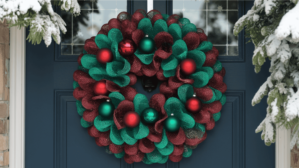 A Christmas door decoration with traditional red and green colors. The decoration is a wreath made of deep emerald and burgundy metallic mesh. The wreath is hung on a dark blue door. There are red and green ornaments scattered around the wreath. The background is a snowy landscape with evergreen trees.