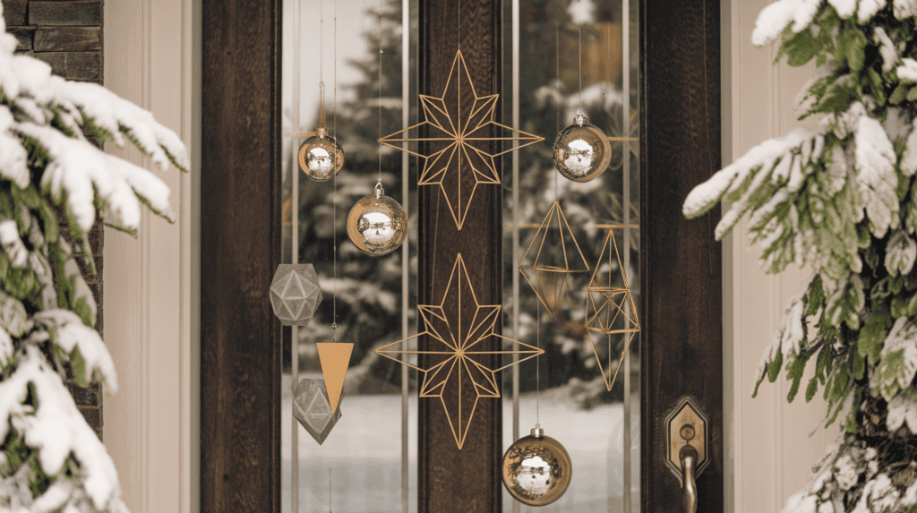 A front door decorated with vintage ornaments and modern geometric shapes for Christmas. The door has a dark wooden surface with a glass window at the top. Hanging on the door are mercury glass ornaments, Nordic-style stars, and modern geometric shapes. The background reveals a snowy landscape with evergreen trees. The overall image has a soft, warm lighting.