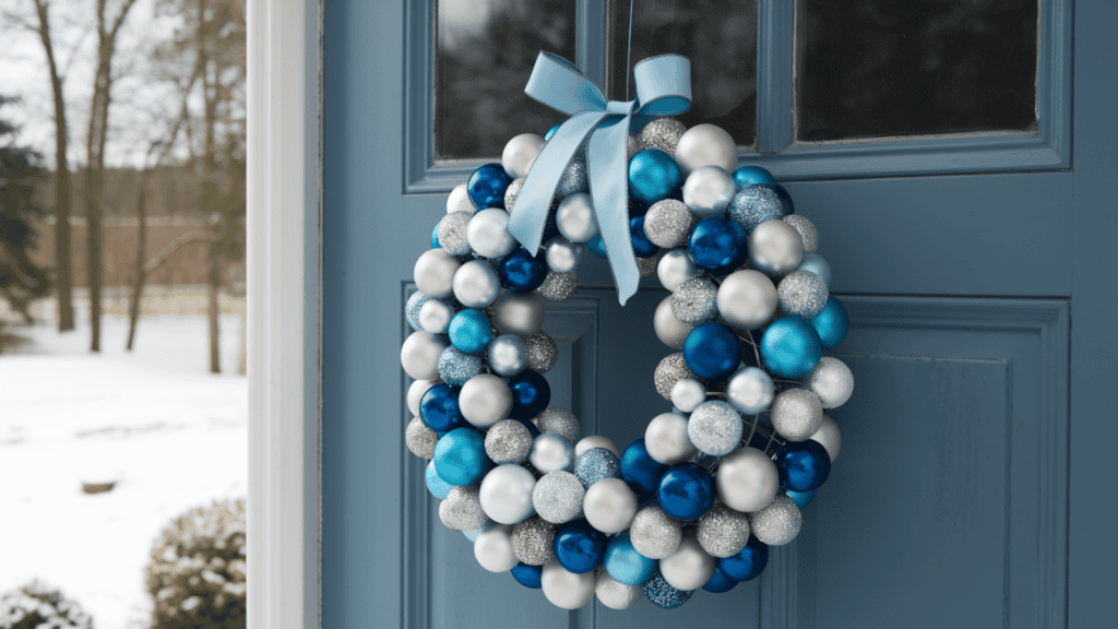 A simple yet stunning ornament wreath hanging on a front door. The ornament wreath is made of various sized balls in shades of blue, white, and silver. The balls are threaded onto a wire frame. The wreath is finished with a simple bow in the same color scheme. The door is painted blue and has a window next to it. The background reveals a snowy landscape with trees.