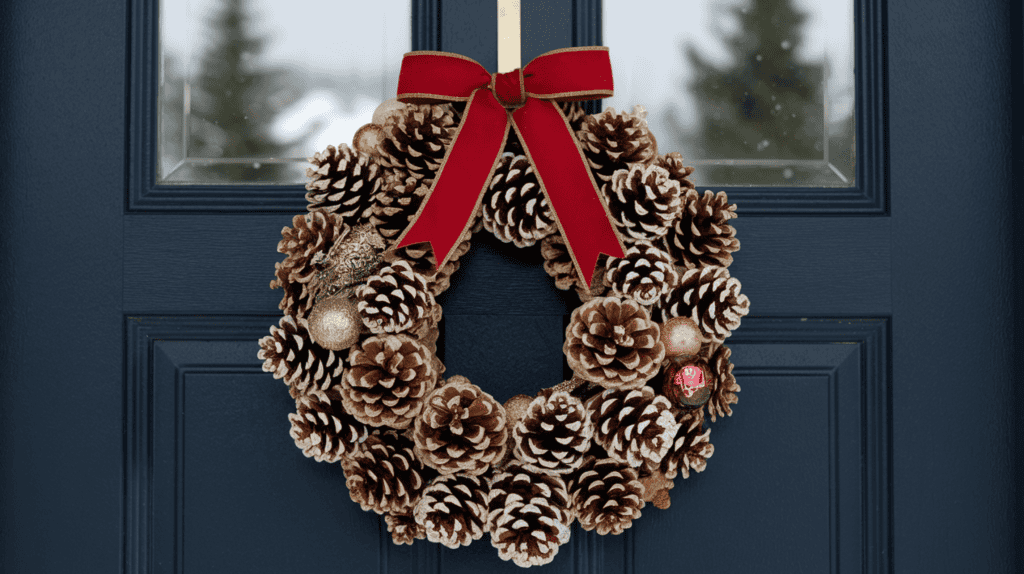 A Christmas wreath hanging on a front door. The wreath is made of pinecones and has a red ribbon. The pinecones have been spray painted gold. There are also ornaments on the wreath. The door is painted navy blue. The background reveals a snowy landscape with evergreen trees.