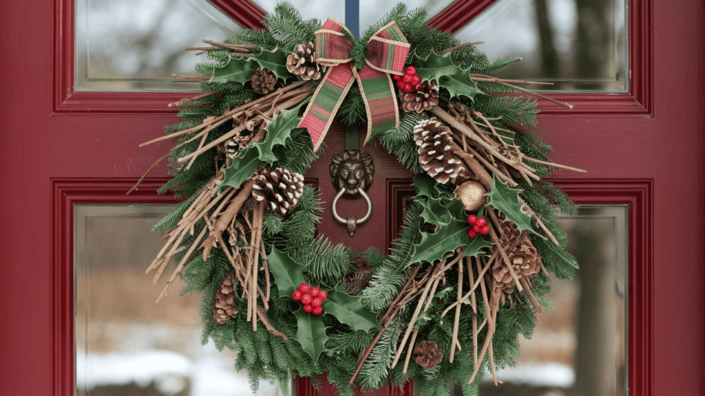 A handmade Christmas wreath hanging on a front door. The wreath is made of pine branches, holly, and other interesting twigs arranged in a cascade shape. It also has a couple of dollar store ornaments and a bow. The door is painted red and has a knocker in the shape of a lion's head. The background reveals a snowy landscape with trees.