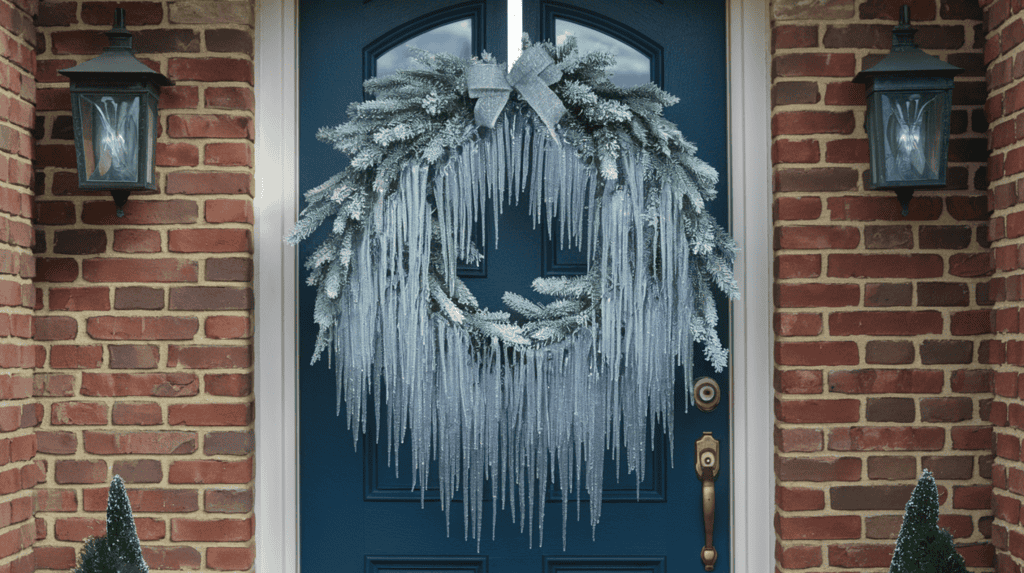 A Christmas wreath hanging on a front door made of cascading curtains of ice that catch the light beautifully. There's a few battery-operated cool white LED strands behind the icicles that makes them sparkle like real ice.