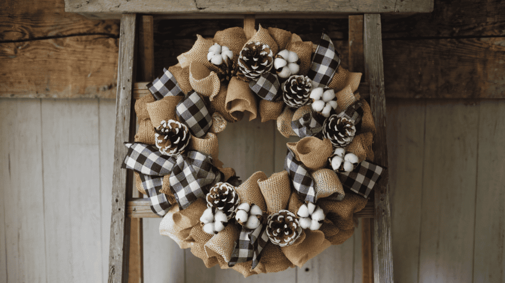 A rustic farmhouse Christmas wreath made of burlap and buffalo check patterns. The wreath is layered with different textures of burlap. It also features white-washed pine cones and dried cotton stems. The wreath is hung on a wooden ladder in front of a rustic wall with a wooden beam above it.