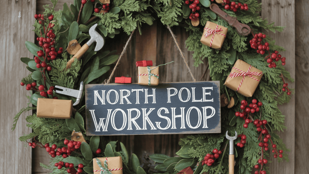 A whimsical Santa's workshop-themed Christmas wreath. The wreath is made of greenery with red berries. There are mini tool ornaments, tiny wrapped presents, and an adorable "North Pole Workshop" sign. The sign is made using an old piece of barn wood and some chalk paint. The background is a rustic wooden wall.