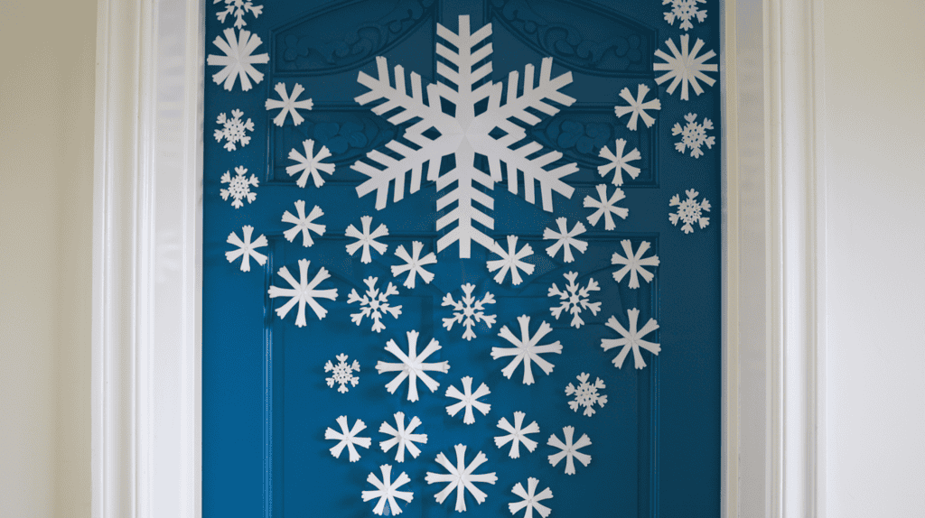 A holiday door decorated with white paper snowflakes in graduating sizes. The door is adorned with a large snowflake at the top, followed by smaller snowflakes in a descending pattern towards the bottom. The background is a white wall.