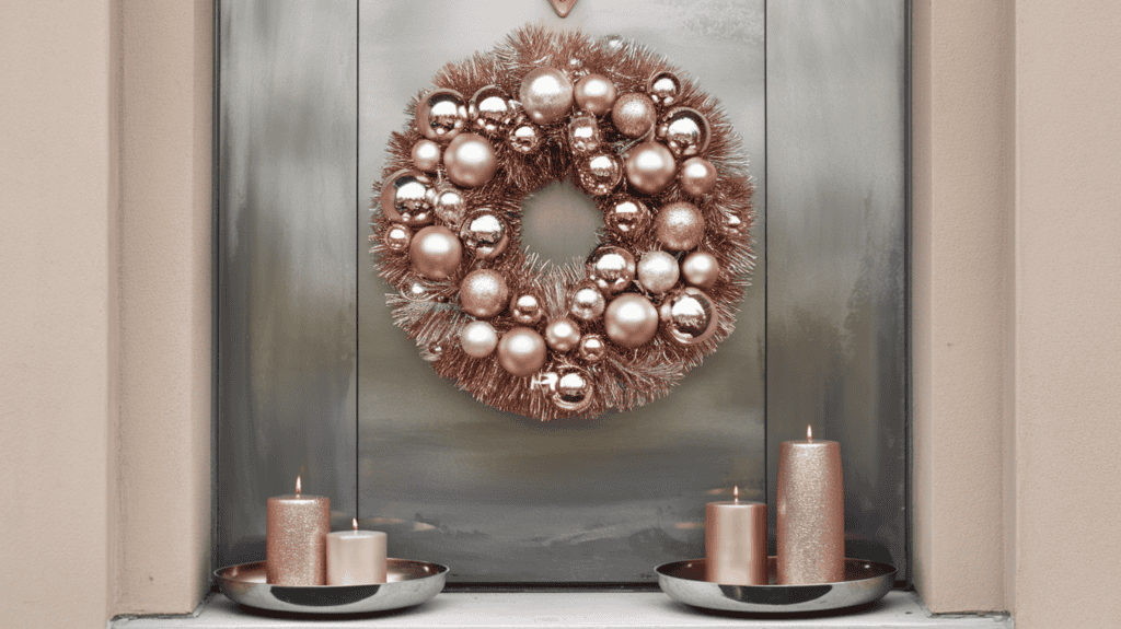 A modern metallic and monochromatic color scheme Christmas door decoration. The decoration consists of a rose gold wreath with champagne and brushed silver ornaments. The wreath is hung on a brushed silver door. The background is a beige wall. There are champagne and brushed silver candles on a brushed silver tray beside the door.
