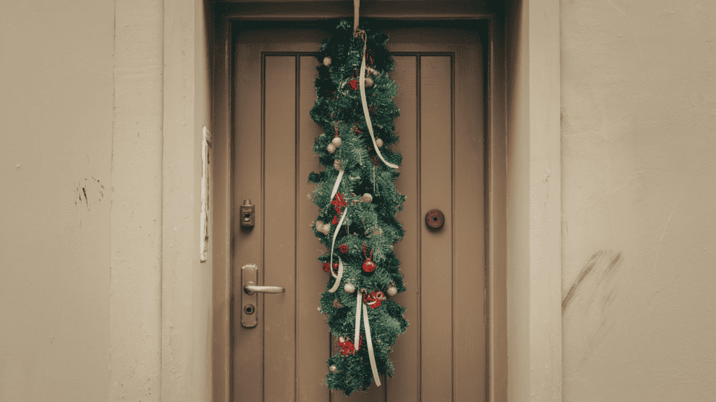 A photo of a vertical garland Christmas decoration hanging on a narrow apartment door. The arrangement cascades down, starting with a thin base garland and building outward slightly with smaller elements like ornaments and ribbon. The door has a handle and is painted a muted beige color. The garland is green and has red ornaments and white ribbon. The background is a beige wall with a few marks.