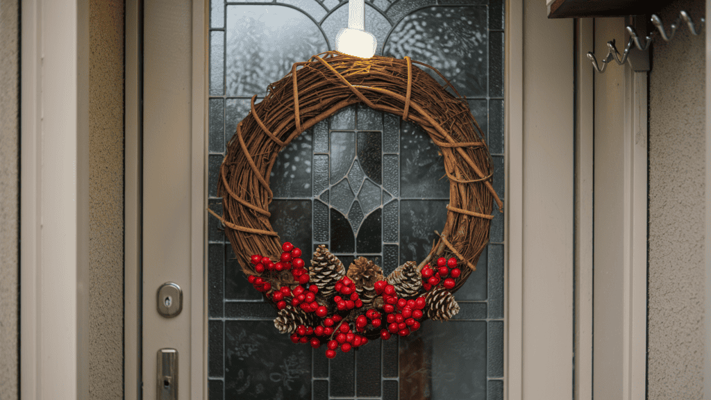 A grapevine Christmas wreath hanging on a narrow apartment door. The wreath is adorned with red berries and pinecones. There is a small, white light atop the wreath. The door has a glass window with a decorative pattern. The wall beside the door has a few hooks.