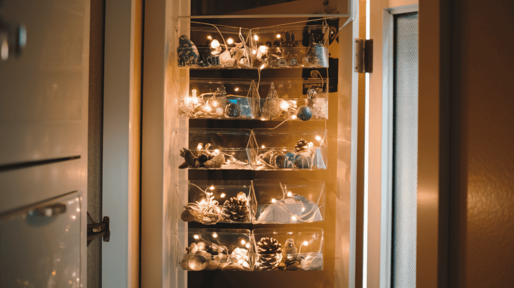 A clear pocket over-the-door organizer hanging on an interior door in a tight space. Each pocket is filled with small decorations and battery-operated micro lights. The door frame is visible on the left and right sides. The background contains a few walls and a window. The lighting is warm.