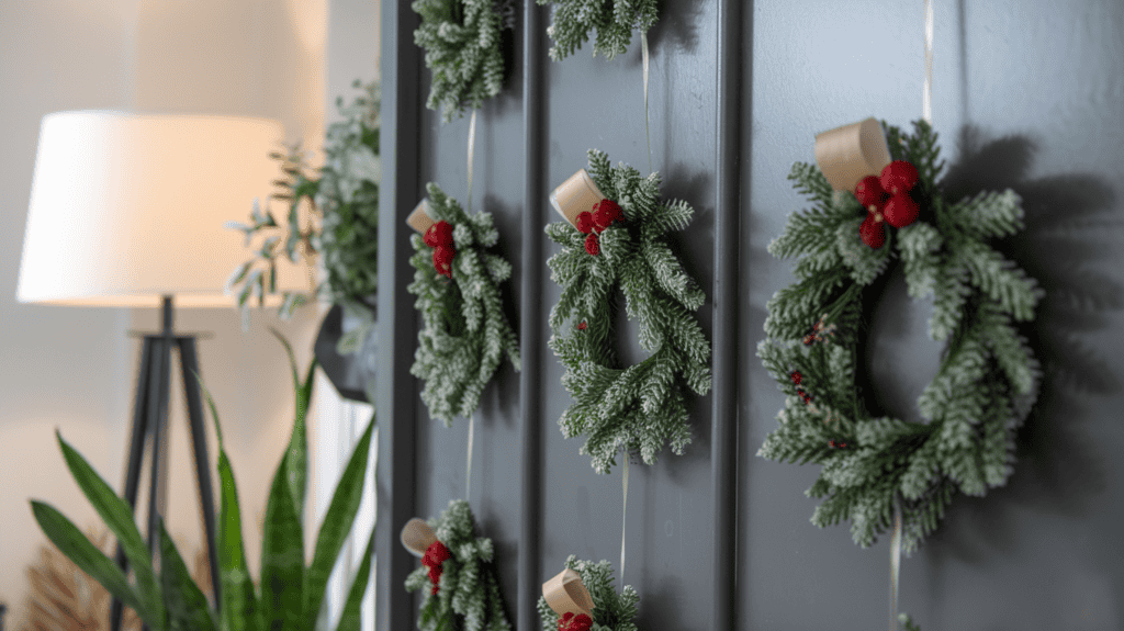 A tight space with a door. On the door, there are several mini Christmas wreaths. The wreaths are not protruding too far from the door surface. The background contains a lamp and a plant.