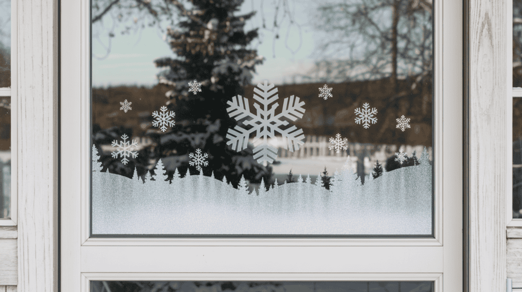 A glass storm door with a Christmas window cling decoration. The decoration is a snowflake scene with white window clings that look like frosted glass. The door is framed by a white wooden frame. The background reveals a snowy landscape with trees.