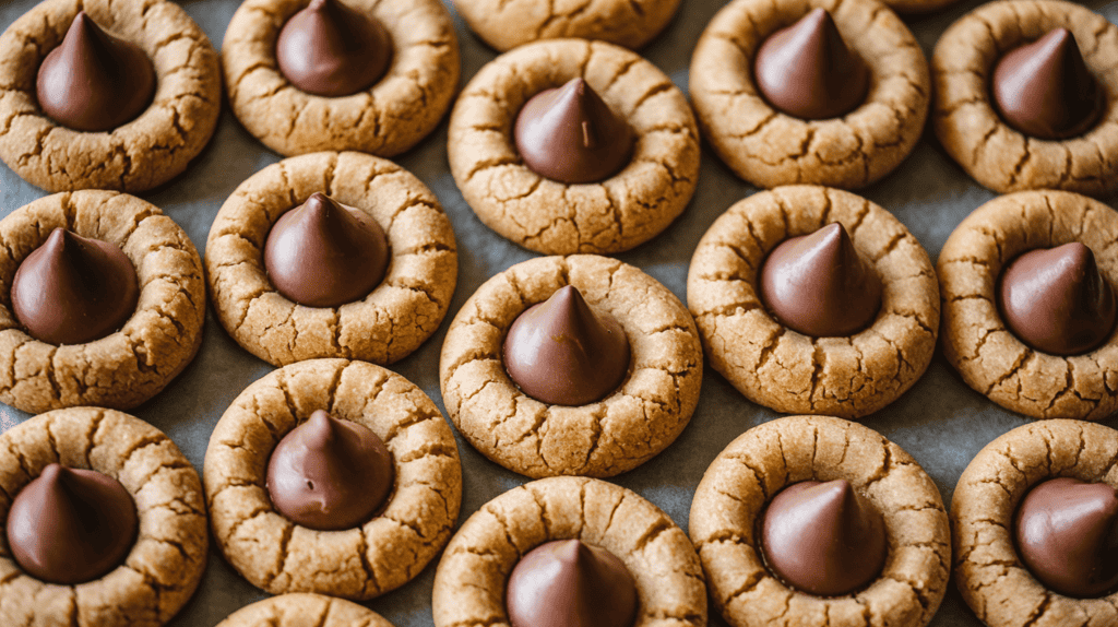 Freshly baked Peanut Butter blossoms straight out of the oven taken from an aerial view. The cookies have a round, golden-brown surface. The tops of the cookies are completely smooth with no indents, only cracks. Each cookie has a chocolate kiss in the center.