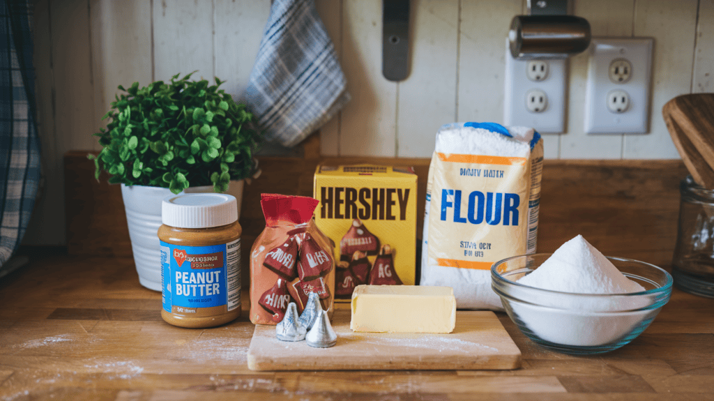 A kitchen counter with various baking ingredients. There is a jar of peanut butter, a stick of butter, a bag of flour, a box of Hershey kisses, and a bowl of sugar. The counter is made of wood and has a few scratches. There is a green plant in a white pot near the peanut butter jar. The background contains a wall with a few hanging items and a light switch.