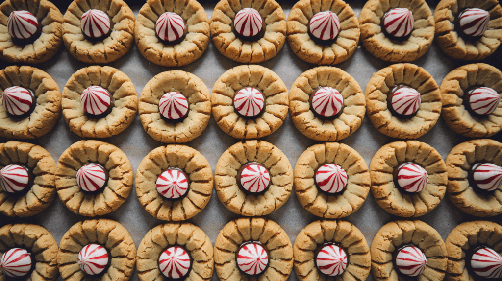 Freshly baked Peanut Butter blossom cookies straight out of the oven taken from an aerial view. The cookies have a round, golden-brown surface. The tops of the cookies are completely smooth with no indents, only cracks. Each cookie has a chocolate striped candy cane kiss in the center.