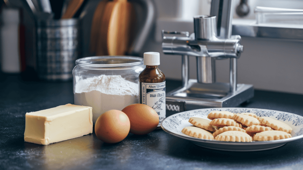 Ingredients for a spritz cookie recipe: a stick of butter, eggs, flour, and vanilla extract sitting on a kitchen counter. There's a cookie press beside the ingredients. A plate with some spritz cookies is on the counter too. The background has some kitchen tools and a window.