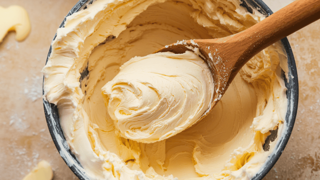 Butter and sugar that have been creamed together. The mixture is almost white and looks really fluffy, almost like whipped cream. There is a wooden spoon in the mixture. The background is a beige surface with a few drops of butter.