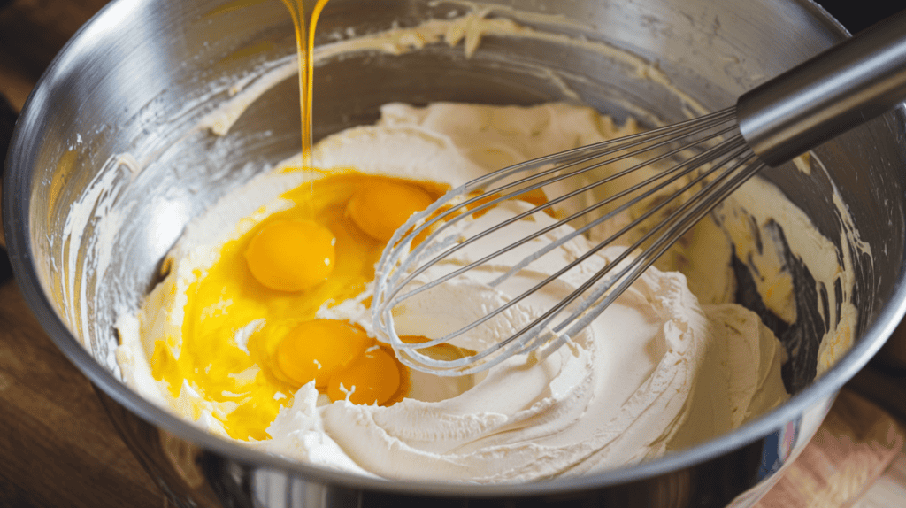 A large bowl with a whisk in it. There are eggs being added to the bowl, which contains butter and sugar that have been creamed together. The mixture is almost white and looks really fluffy, almost like whipped cream.