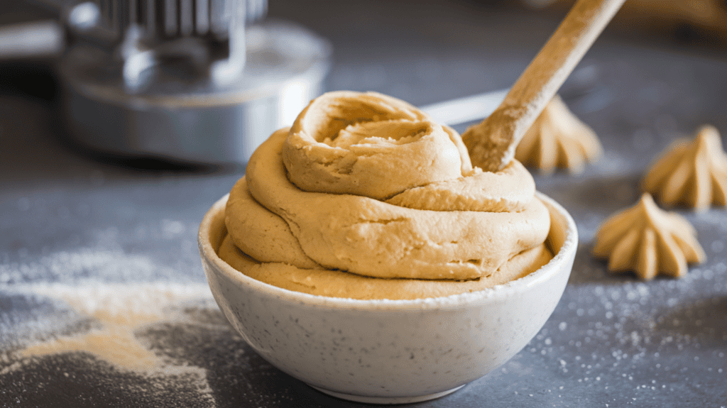 A bowl of perfectly consistent Play-Doh-like cookie dough. The dough is a pale yellow color and has a smooth, pliable texture. A wooden spoon is stuck in the dough. There's a dusting of flour on the countertop and a sprinkle of sugar on top of the dough. In the background, there's a cookie press and a few spritz cookies already formed.