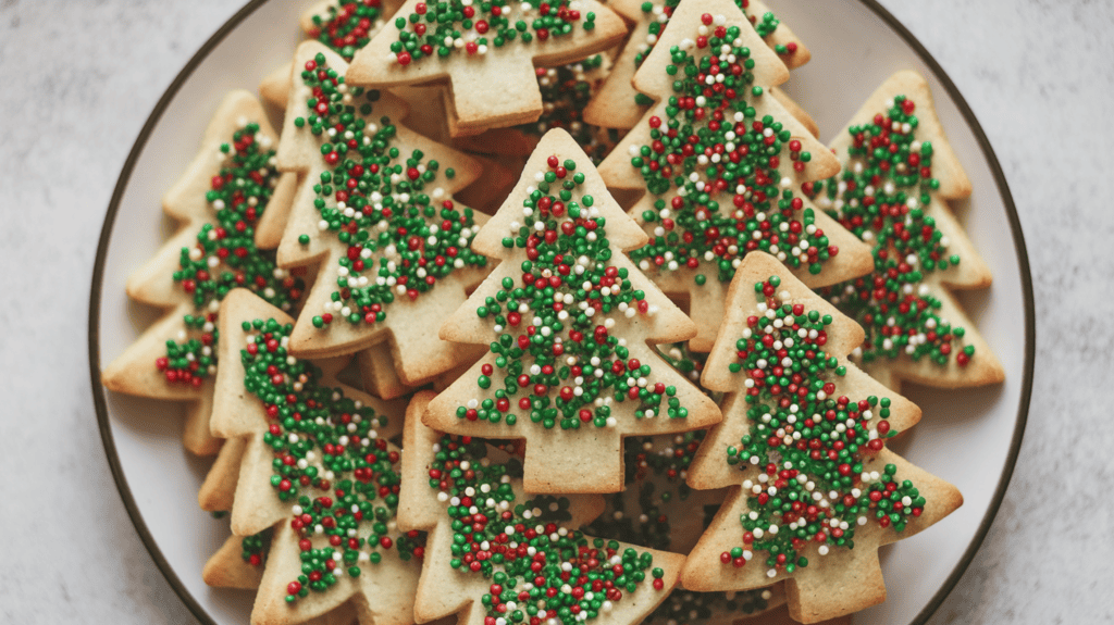 A plate filled with spritz cookies. The cookies are in the shape of trees and have green and red sprinkles to represent Christmas. The cookies are placed on a white background.