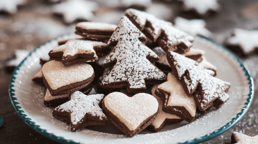 A plate of chocolate Spritz cookies. The cookies are shaped like trees, hearts, and stars, and are piled on top of each other. There is a dusting of powdered sugar on the cookies. The plate is on a wooden surface. The background is blurred and contains more cookies.