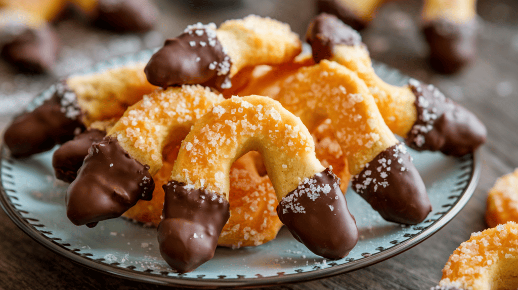 Orange spritz cookies with the tips dipped in melted chocolate. The cookies are arranged on a plate. The plate is on a wooden surface. There's a sprinkle of sugar on the cookies. The background is blurred and contains a few more cookies.