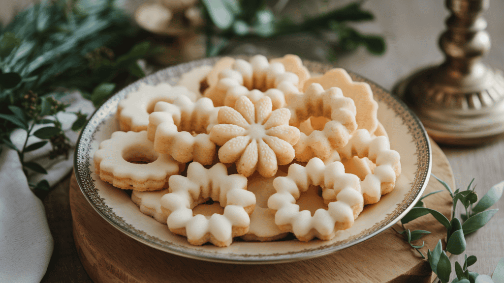 A plate of classic spritz cookies. The cookies are buttery, delicate, and golden in color. They are often shaped using a cookie press into intricate designs like flowers, stars, or wreaths. The cookies have a smooth, crisp texture. The plate is placed on a wooden board. There are greenery and a candlestick holder in the background. The overall image has a warm, inviting atmosphere.