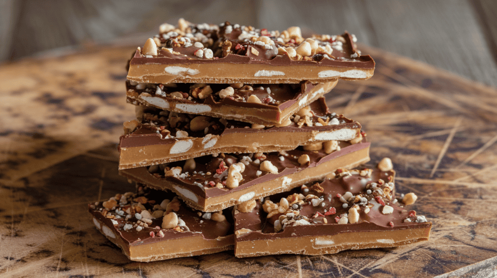 Christmas crack broken and stacked on top of each other. It's made of a golden caramel layer over saltine crackers, topped with melted chocolate and sprinkled with nuts and festive toppings, creating a shiny, textured surface. It's broken into irregular pieces, resembling bark or brittle. The background is a wooden board with a textured surface.
