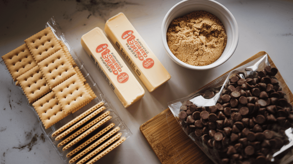 A kitchen counter with a few ingredients needed to make a Christmas Crack recipe. There are square saltine crackers, two sticks of butter, brown sugar, and chocolate chips. The crackers are in a plastic sleeve, the sticks of butter have no packaging, the brown sugar is in a bowl, and the chocolate chips are in a clear bag.